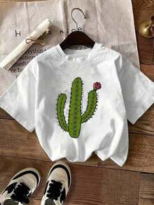 1 Piece Women's Plus Size Round Neck Printed T-Shirt, With Green Cactus And Pink Flower Patterns, New Summer Short Sleeve T-Shirt For Women, Stylish Casual Fashionable Printed T-Shirt, Breathable, Sweat-Absorbing, Moisture-Wicking Base Layer T-Shirt, Made Of Pure Cotton And Machine Washable, Simple And Versatile, Breathable, Suitable For Casual Wear In Spring And Summer, Vacation, Travel And Daily Wear - 白色 - 查看 1