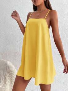 Vestido minifalda camiseta de unicolor minimalista y casual sin espalda - Amarillo - Ver 4