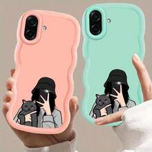 Girl Macaron Wavy Edge Phone Case, Suitable For Girls And Cats, Compatible With Galaxy/Compatible With Honor/HW - Black - View 5