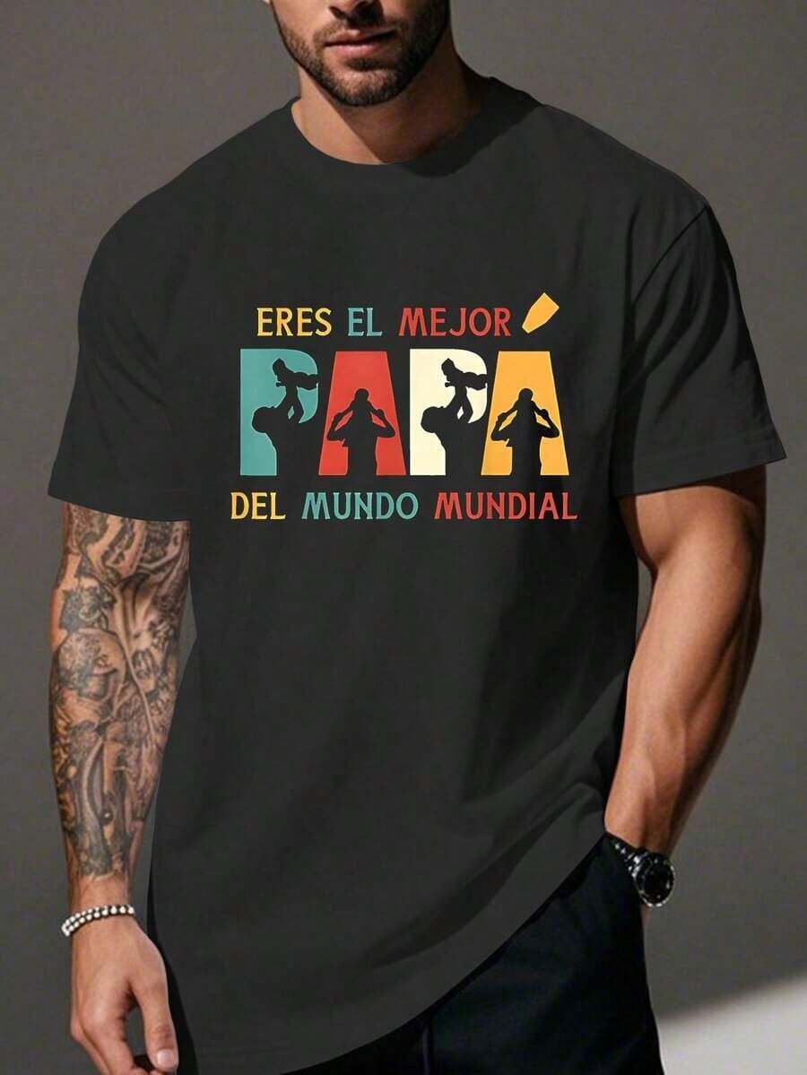 Camiseta de manga corta para hombre - con divertido humor español - diseño bilingüe "El mejor papá del mundo" con patrón geométrico, ideal para un uso diario cómodo, muestra tu orgullo como padre, regalo para el Día del Padre, 100%, 180 g, ropa de verano de moda urbana, casual, transpirable, fresca, cuello redondo, manga corta, perfecta para el hogar, vacaciones, deportes al aire libre, fitness, citas y fiestas, combina bien con jeans y pantalones de trabajo. Camisa Casual para Mujer 100% Algodón - Negro - Ver 1