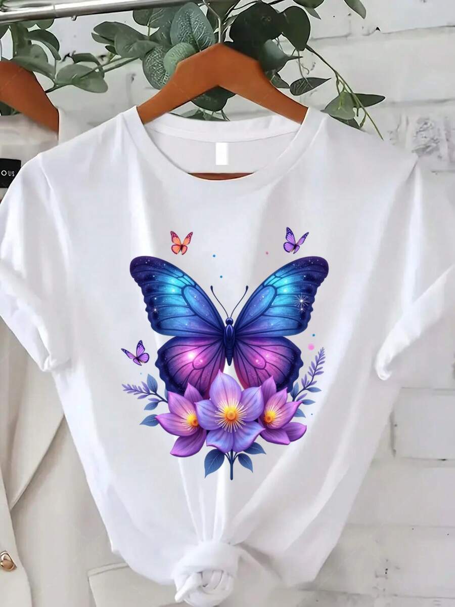 Classic Plus Size - Talla Grande - Camiseta de mujer con estampados modernos, con diseños coloridos de mariposas y flores, perfecta para un estilo casual de verano. Esta camiseta de manga corta y cuello redondo es perfecta para el verano y el otoño, lo que la convierte en un excelente regalo para el Día de Acción de Gracias y Navidad. Más vendido - Blanco - Ver 1