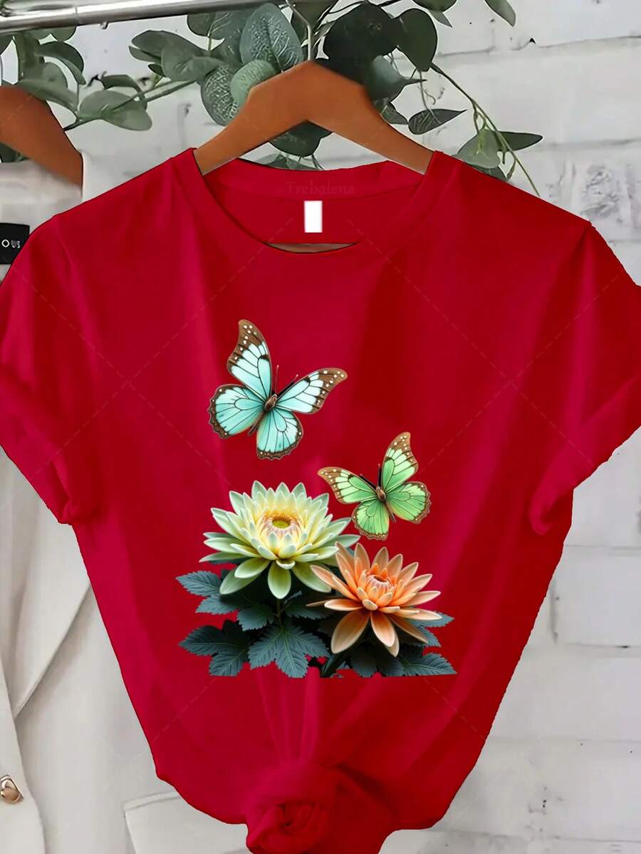 Classic Plus Size - Talla Grande - Camiseta de talla grande para mujer, con diseños de mariposas y flores, perfecta para un estilo casual de verano. Esta camiseta con diseño de estilo natural presenta cuello redondo y mangas cortas. Éxito de . - Rojo - Ver 1