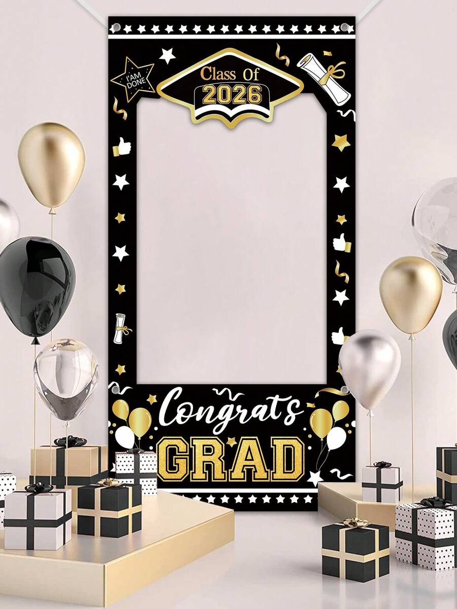 1 pieza Fondo de fotografía de graduación 2026 en negro y dorado, Marco de felicitaciones de graduación, Decoración de fiesta, Telón de fondo de graduación, Fondo de fotografía de fiesta de graduación 2026, Decoración, Accesorio fotográfico, Adecuado para cualquier escuela o grado, Decoración de graduación, Regalo de graduación
