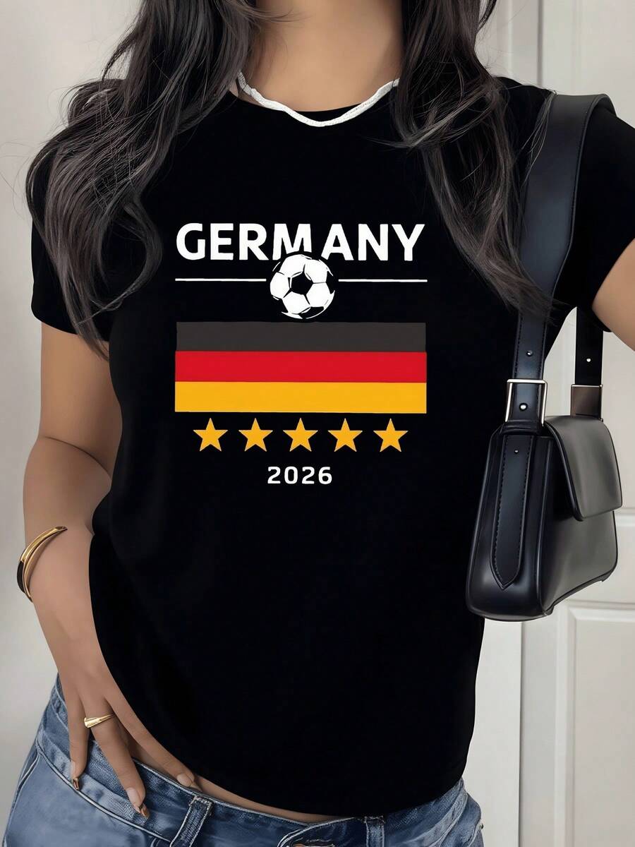 Bandera alemana con balón de fútbol y estrellas doradas que simbolizan la pasión deportiva y el orgullo nacional camiseta de mujer moderna y cómoda 2026 - Negro - Ver 1