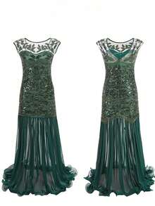 Women's Long Party Dress With V-Neck, Sequin And Lace Embroidery On The Top, Flowing Chiffon Skirt, Various Colors (Green, Black, Red, Champagne), Ideal For Banquets And Formal Events. - 綠色 - 查看 2