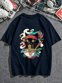 AnChiStreetwear - 大码男士时尚创意猫咪吃拉面印花休闲短袖T恤，适合街头穿搭、户外活动和日常通勤。 - 藏蓝色 - 查看 2