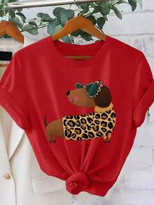 1pc Women's T-Shirt With Dachshund And Leopard Print, Spring/Summer 2026 Collection, Modern, Cool, Cute Pet Style, Short Sleeve, Personalized Daily Wear, Loose Fit Top, Versatile And Fun Pet Themed Design, Women's Clothing S-XXL 100% Cotton - 紅色的 - 查看 6