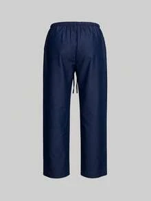 Pantalones anchos de lino para mujer, cintura elástica con cordón, sueltos y relajados, informales, ligeros y transpirables, para verano - Azul profundo 2 - Ver 3