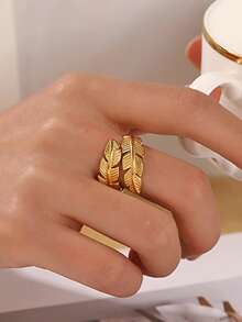 1 pieza Anillo abierto minimalista personalizado chapado en oro de 18K de acero inoxidable con pluma, adecuado para uso diario y fiestas de mujeres - Dorado - Ver 2