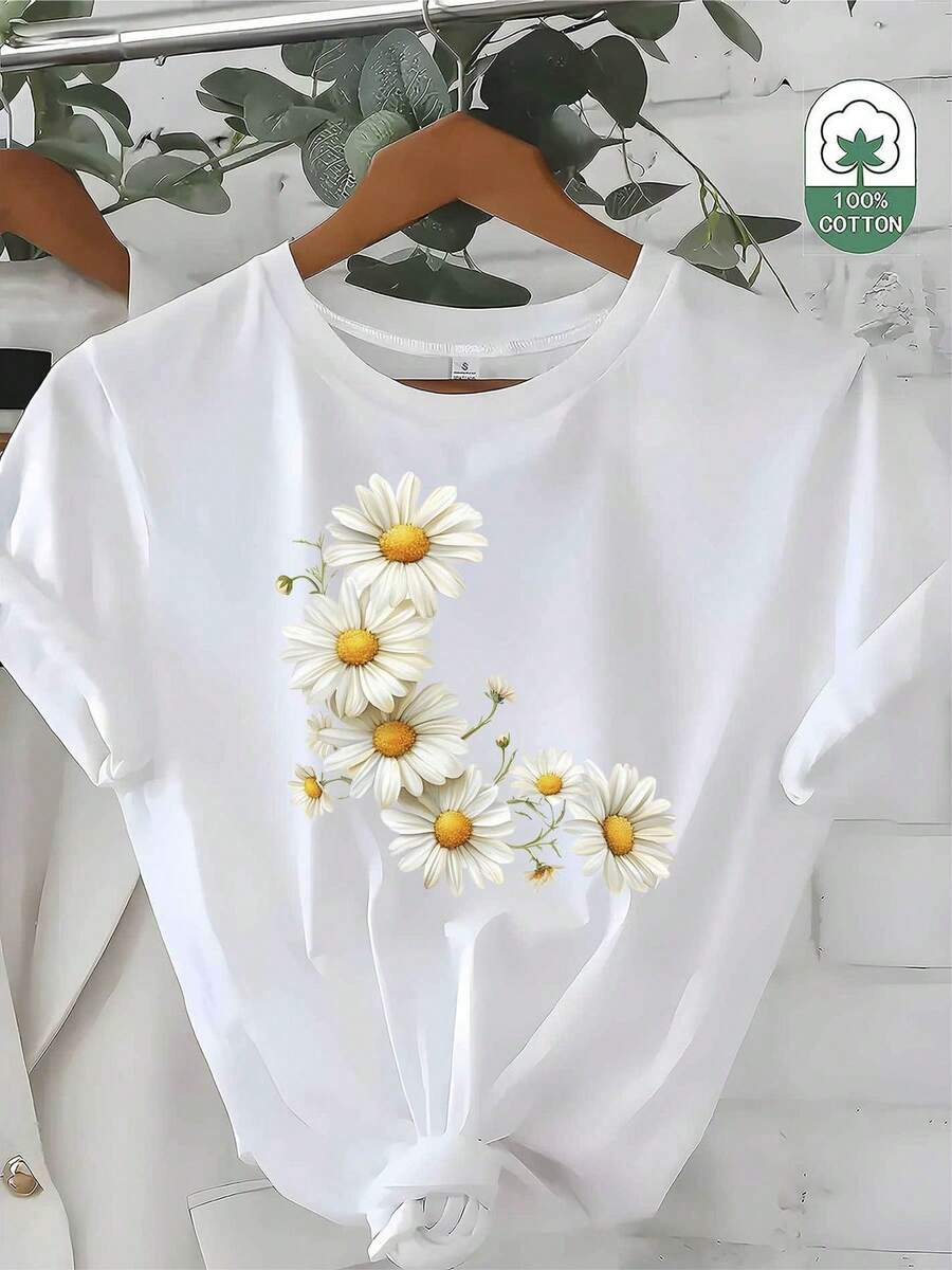Playera gráfica casual juvenil para mujer en blanco/gris/verde/rojo con estampado de margaritas - Camiseta casual de manga corta y cuello redondo, corte relajado, camisa con estampado de flores, lavable a máquina, para usar en todas las estaciones (blanco con margaritas grises, margaritas verdes, margaritas rojas). - Blanco - Ver 1