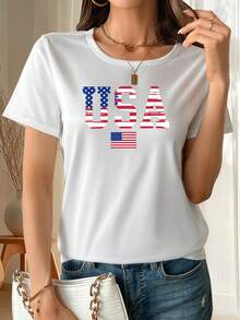 Camiseta clásica con estampado "USA", ropa de mujer, camiseta, nuevo estilo, camiseta de verano, top más vendido. - Blanco - Ver 3