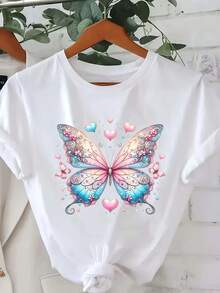 Camiseta manga corta cuello redondo 100% algodón, estampado trendy, tejido ligero y ventilado, estilo moda casual, apta para vida diaria, salidas informales y citas en primavera, verano y otoño - Blanco - Ver 1