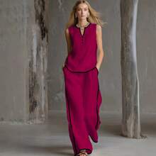 Nuevo 2026 Conjunto Dos Piezas Casual Mujer Color Contraste Sin Mangas y Pantalones Pierna Ancha - Rosa Fucsia - Ver 4