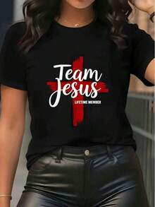 Camiseta de Verano para Mujer ClassicTeam Jesus, Miembro de por Vida, Fe Cristiana, Estampado Gráfico de la Cruz Roja,% Algodón - Negro 3 - Ver 7