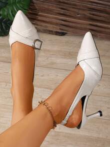 French Buckle Pointed Toe Stiletto Heel Pumps, Backstrap Design, Versatile Commuting & Date Sandals - White - View 5