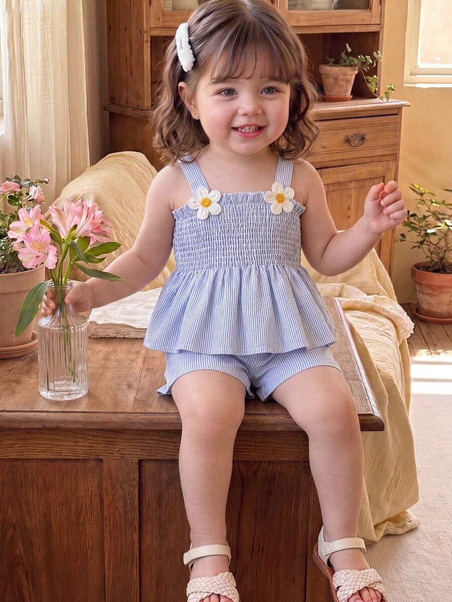 Conjunto de verão feminino com duas peças: conjunto sem mangas com estampa floral e listras em estilo retrô, ideal para atividades ao ar livre. - Azul - Ver 1