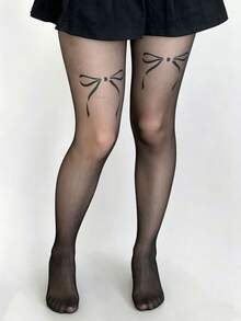 1 par de medias transparentes negras de talla grande con línea de muslo y estampado de lazo, medias elegantes y sexys con patrón de cinta y detalles coquetos para uso diario - Lazo negro en la línea del muslo - Ver 5