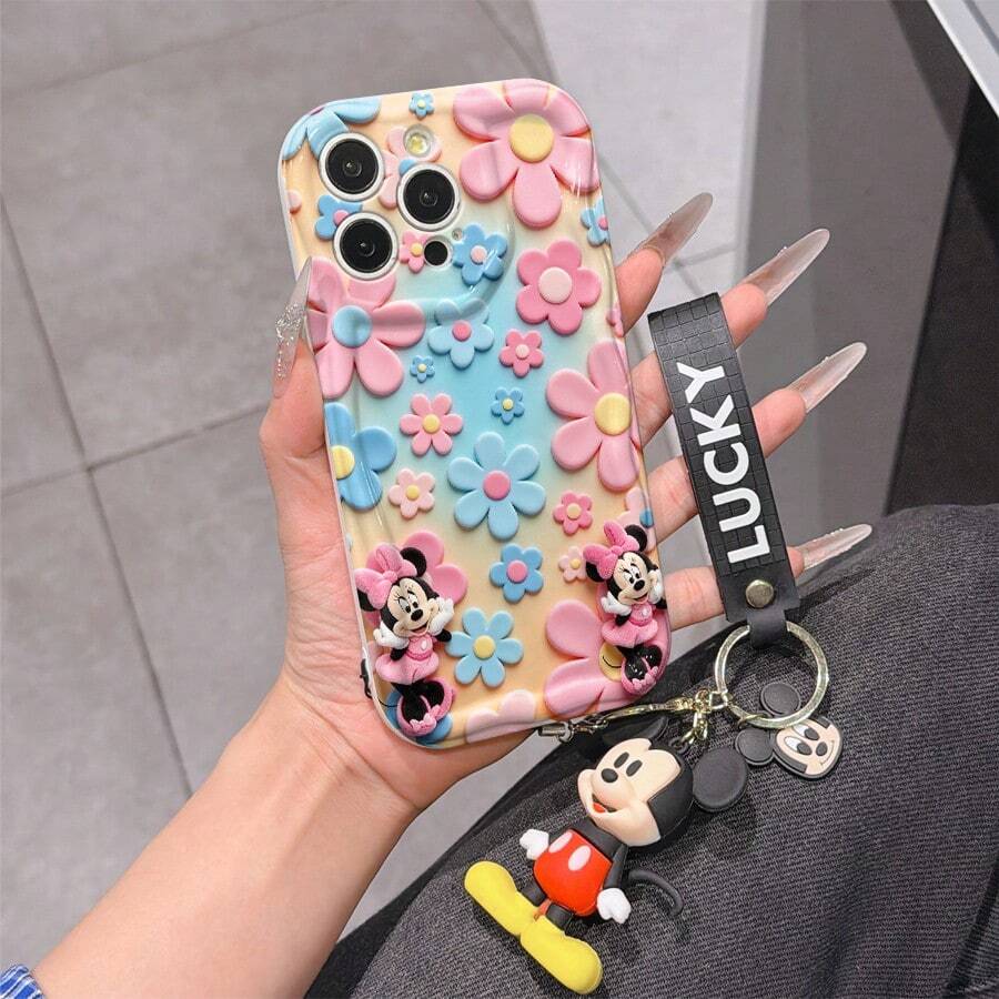 Disney Minnie Mouse Phone Case With Minnie Charm And Lanyard - Cute Minnie Protective Case With Pastel Floral Background And Pink Outfit Design, Equipped With Delicate Minnie Decorative Lanyard And Beaded Bracelet For Easy Carrying, Compatible With IPhone 17, 16, 15, 14, 13, 12, 11 Pro Series, Ideal For Birthdays, Holidays, Anniversaries, Graduation Gifts, Or Any Special Occasion To Surprise Family, Friends, Classmates, And Loved Ones. - 白色 - 查看 1