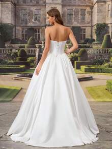 HEARBOBO Vintage Boho Backless Beaded Strapless A Line Wedding Dress Long Woven Fabric Bridal Gown White - White - View 4