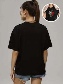 1 Piece Of Women's Blouse, Beautiful Blouses For Women, Women's Clothing Sets, High-Quality Black And White  T-Shirt With Skull And Eagle Print, Round Neck, Basic Loose Fit, Breathable, Versatile, Machine Washable, Comfortable, Size S-3XL, Essential For Daily, Casual And Sporty Summer Wear. - 黑色 - 查看 5