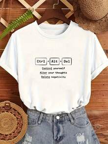 Limited Time Offer, Limited Quantity, Flash ! Women's Casual Shirt, Stylish Shirt, Women's Casual T-Shirt With "Ctrl+Alt+Del" Print - Short Sleeve, Crew Neck, Lightweight Stretch Fabric, Designed To "Control Your Behavior, Change Your Thoughts, And Eliminate Negative Emotions," Suitable For All Seasons, Loose Fit, For Everyday Wear | Fun Graphic T-Shirt | Comfortable Fit - 白色 - 查看 3