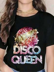 100% Cotton Disco Queen T-Shirt With Sparkling Disco Ball Design - Retro 70s T-Shirt For Women, Fun Dancewear For Disco, Birthday, Halloween And Festival Outfits 180g Soft Pure-Cotton - 黑色 - 查看 1