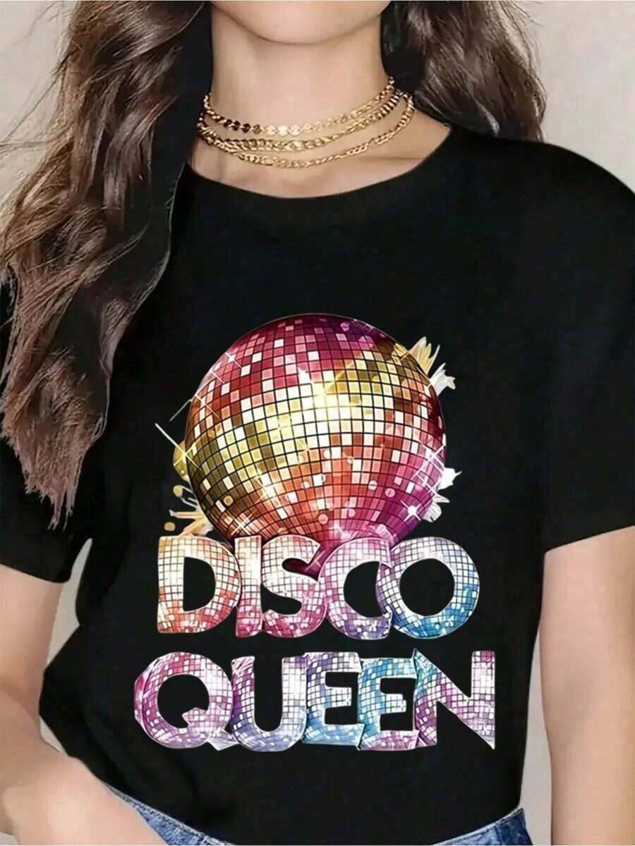 100% Cotton Disco Queen T-Shirt With Sparkling Disco Ball Design - Retro 70s T-Shirt For Women, Fun Dancewear For Disco, Birthday, Halloween And Festival Outfits 180g Soft Pure-Cotton - 黑色 - 查看 1