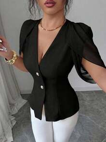 Blazer elegante y romántico para mujer con cuello en V, plisado y cintura ceñida - Negro - Ver 1