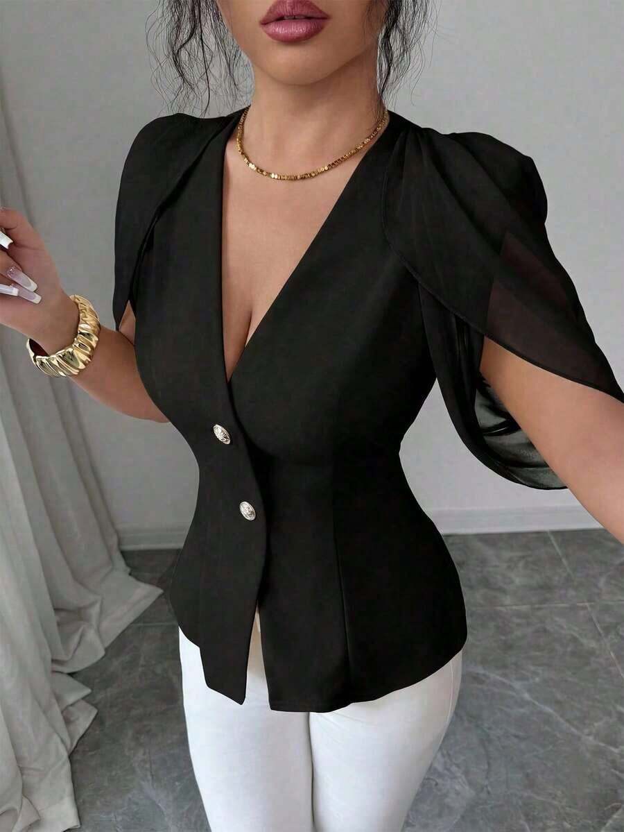 Blazer elegante y romántico para mujer con cuello en V, plisado y cintura ceñida - Negro - Ver 1