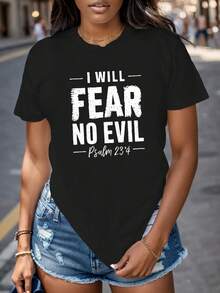 Camiseta de Mujer Talla Grande, Salmo de Fe - Inspiracional "No Temeré al Mal" Versículo Bíblico (Salmo 234) Ropa de Fe Cristiana, 100% Cómoda, uste Casual, Manga Corta, Cuello Redondo, Lavable a Máquina, con Letras Blancas, Atuendo Casual y para Iglesia - Negro - Ver 2