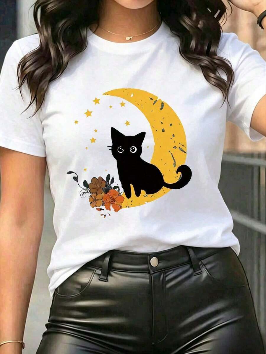 Camiseta casual para mujer con estampado de luna y estrellas en negro, manga corta, hombros caídos, cuello redondo, tejido de punto con elasticidad media para un look chic y lindo. - Blanco-1 - Ver 1