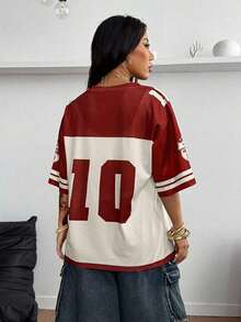 Camiseta suelta de malla transpirable con gráficos, para uso casual y salir, estilo urbano de verano para mujer - Rojo y blanco - Ver 2