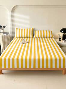 1 buah Sprei Kasur Bergaris Kuning, Putih & Merah Muda, Termasuk 1 buah Sarung Kasur Hari Valentine, Cocok untuk Kasur King, Queen, Full & Double, Set Perlengkapan Tidur Lembut & Nyaman, Kantong Dalam Hingga 30cm, Bernapas & Tahan Kerut, Meningkatkan Kualitas Tidur, Dapat Dicuci dengan Mesin - Kuning - View 2