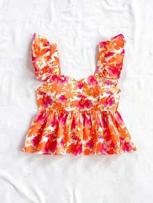 Blusa de corte de línea A con cuello cuadrado, manga corta y estampado retro azul y blanco, adecuada para fiestas, citas, el Día de San Valentín, el té de la tarde - Naranja - Ver 3