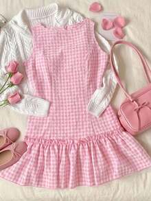 Vestido casual y elegante con textura de crepé, volantes en el bajo y sin mangas, a cuadros, ideal para el Día de San Valentín - Rosa Pálido - Ver 6