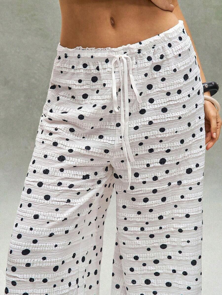 Bohemian Style Outerwear For Fall/Winter, Women's Casual Holiday Style High-Waisted Wide-Leg Pants With Lace Ruffles, Perfect For The Beach, Vacation, Western Country Style, Concerts, Daily Wear, Back To School, Halloween, Christmas - 淡粉紅色 - 查看 1