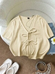 Blusa casual de manga corta con nudo delantero de unicolor para mujer de talla grande - Beis - Ver 1