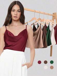 Top de satén sin mangas para mujer, elegante y romántica de unicolor, para uso casual y de negocios, adecuada para oficina, diario, otoño - Burdeos 2 - Ver 1