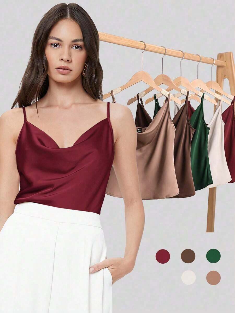 Top de satén sin mangas para mujer, elegante y romántica de unicolor, para uso casual y de negocios, adecuada para oficina, diario, otoño - Burdeos 2 - Ver 1
