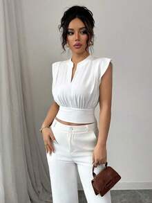 Nueva camiseta sin mangas ajustada para mujer con cuello alto de punto, media cremallera frontal y estilo informal - Blanco - Ver 5