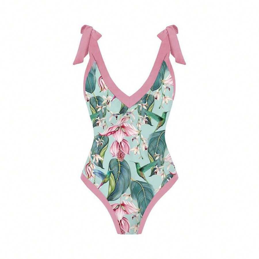 Women's One-Shoulder Ruffle Print One-Piece Swimsuit Set - Lace-up One-piece Swimsuit - View 1