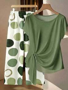 Set de 2 piezas de camisa con corbata de lazo verde casual y pantalones rectos sueltos con estampado geométrico, adecuado para primavera/verano, vacaciones, salidas, uso diario - Multicolor - Ver 3