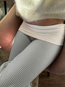SCARLUX 秋季 Y2K 女款基礎色塊條紋寬腿褲，摺疊腰鬆身長褲，返校日常休閒街頭風 - 淺灰色 - 查看 7