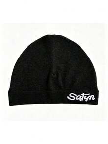1pc Solid Color Casual Nylon Knit Printed Beanie Hat, Outdoor Sports Windproof Warm Streetwear, Autumn/Winter - Satyn - View 8