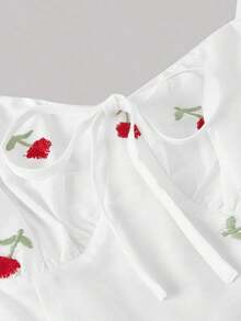 Vestido de longitud media con cintura fruncida y bordado floral para mujer - Rojo y blanco - Ver 7