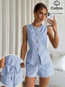 Conjunto de chaleco y pantalones cortos de rayas con botones delanteros para mujer, casual/para ir al trabajo - Azul y blanco - Ver 1