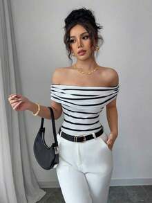Elegante camiseta a rayas de hombros descubiertos, estilo francés vintage, para uso en vacaciones de estilo bohemio y para uso diario casual - Blanco - Ver 5