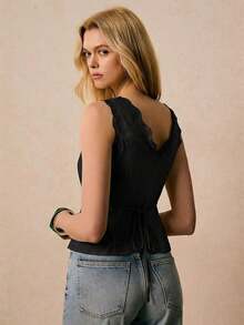 Camiseta sin espalda con escote en V, encaje y parches con estampado floral pequeño, estilo casual de verano y vacaciones - Negro - Ver 5