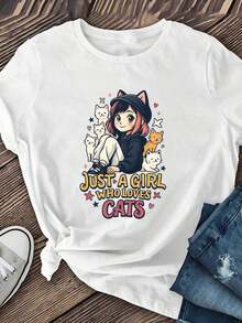 Summer Top - A Must-Have For Cat Girls - Featuring A Beautiful Anime-Style Girl Surrounded By Cute Feline Companions And A Catchy Slogan - A Breathable And Comfortable Top, Perfect As A Gift For A Best Friend And A Must-Have For Spring, Summer, And Fall. Women's Clothing, Short-Sleeved Top. 180g 100% Cotton - 白色的 - 查看 2