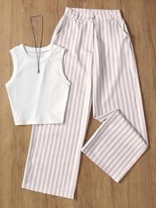 Conjunto de chaleco y pantalones a rayas casuales con cintura para mujer, adecuado para la oficina y el jardín, primavera/verano blanco elegante - Blanco - Ver 2